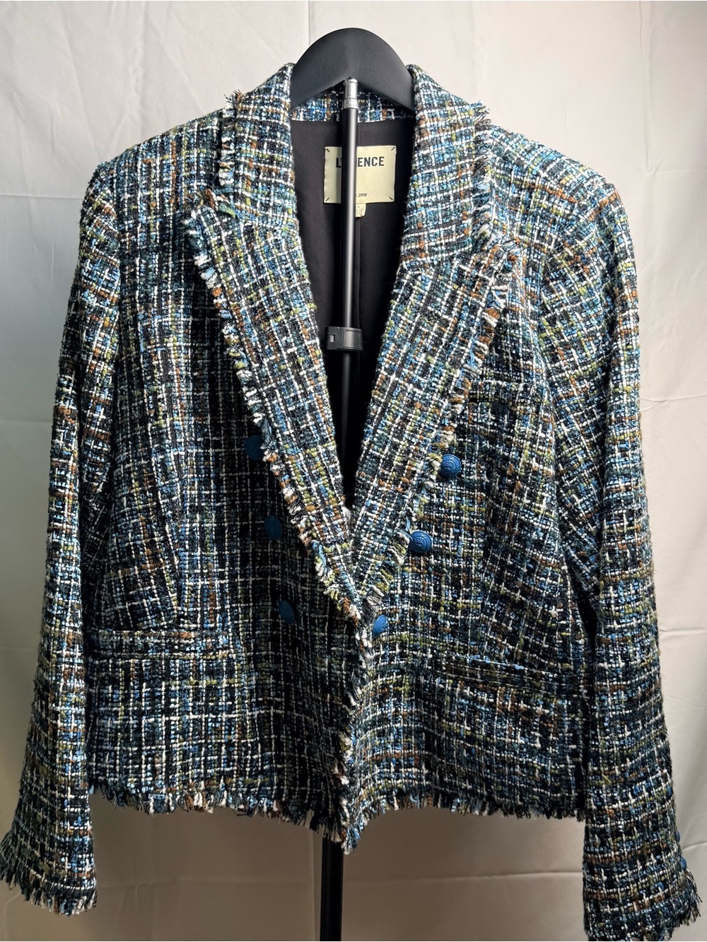 L'AGENCE Navy & Multicolor Tweed Double-Breasted Blazer